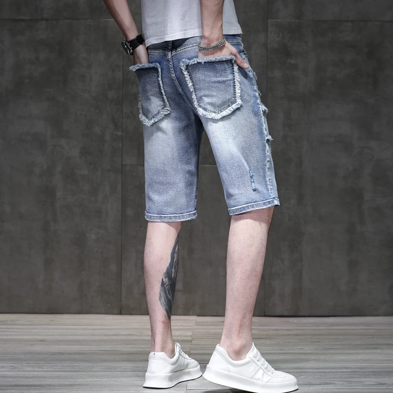 Summer New Retro Light-Colored Denim Shorts Men\'s Ripped High Street Fashion Brand Thin Pu Handsome Stretch Motorcycle Shorts