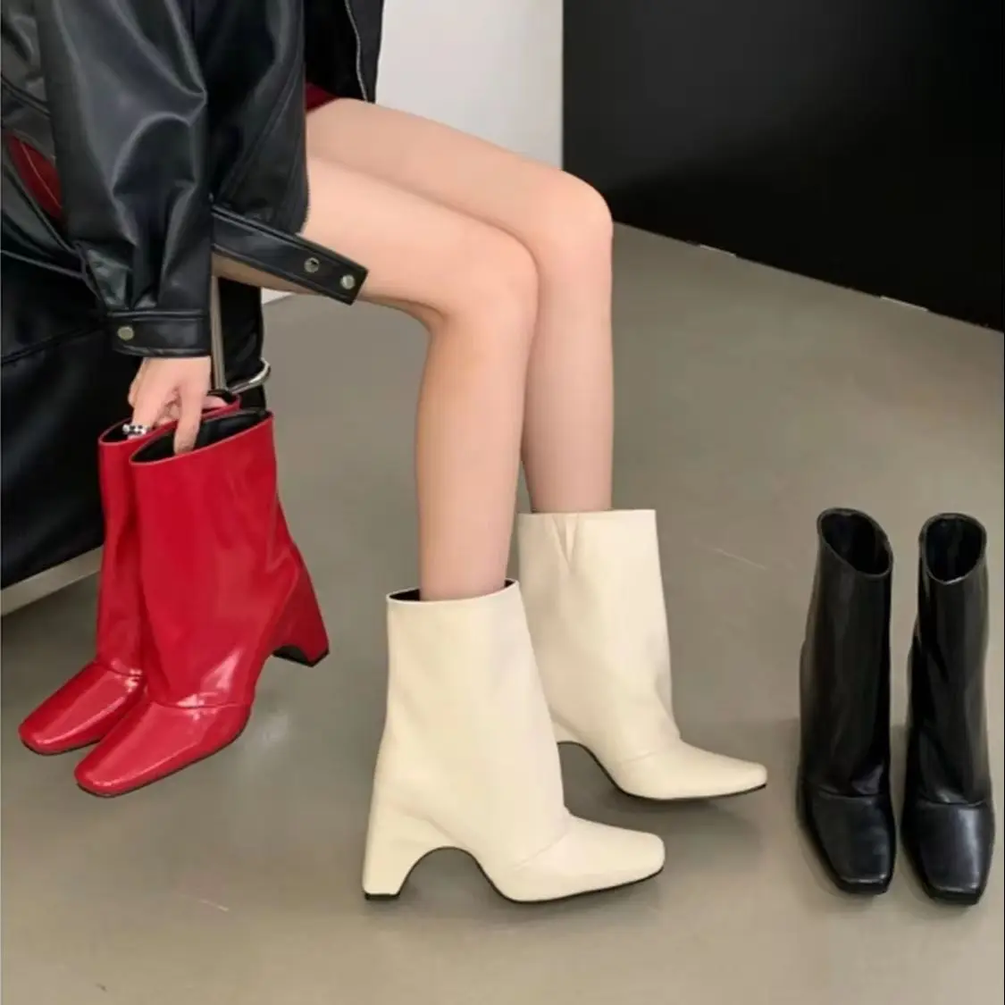 Arched Heel Ankle Boots For Women Santiago Black Red White Artificial Leather New Wide Calf Square Toe Fall Luxury Women's Boots