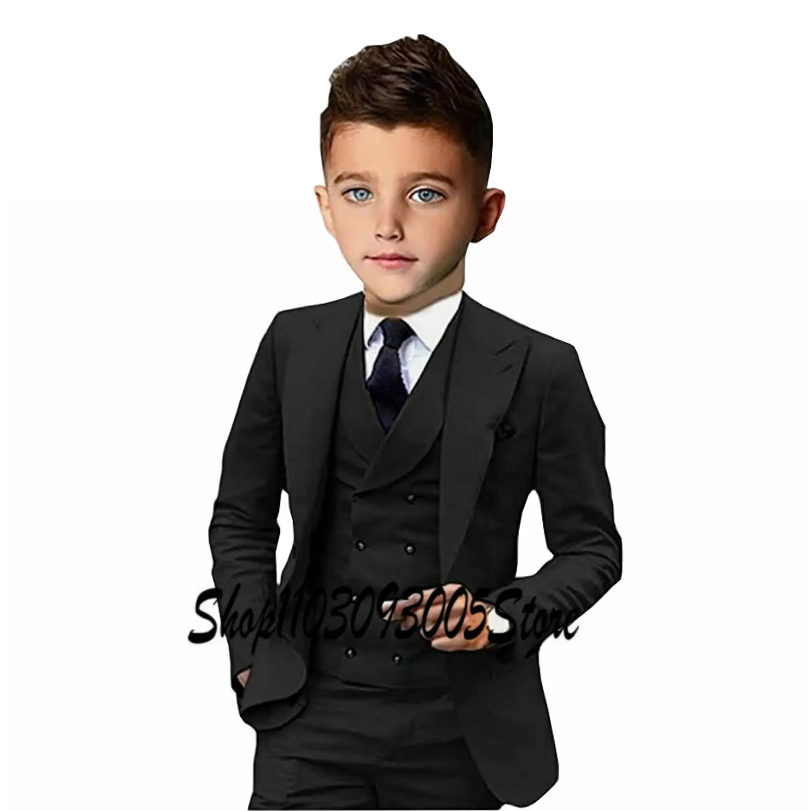 Royal Blue Boys Suit Wedding Tuxedo 3 Piece Peaked Collar Jacket Pants Vest Child Formal Blazer Set Slim Fit Kids Outfit