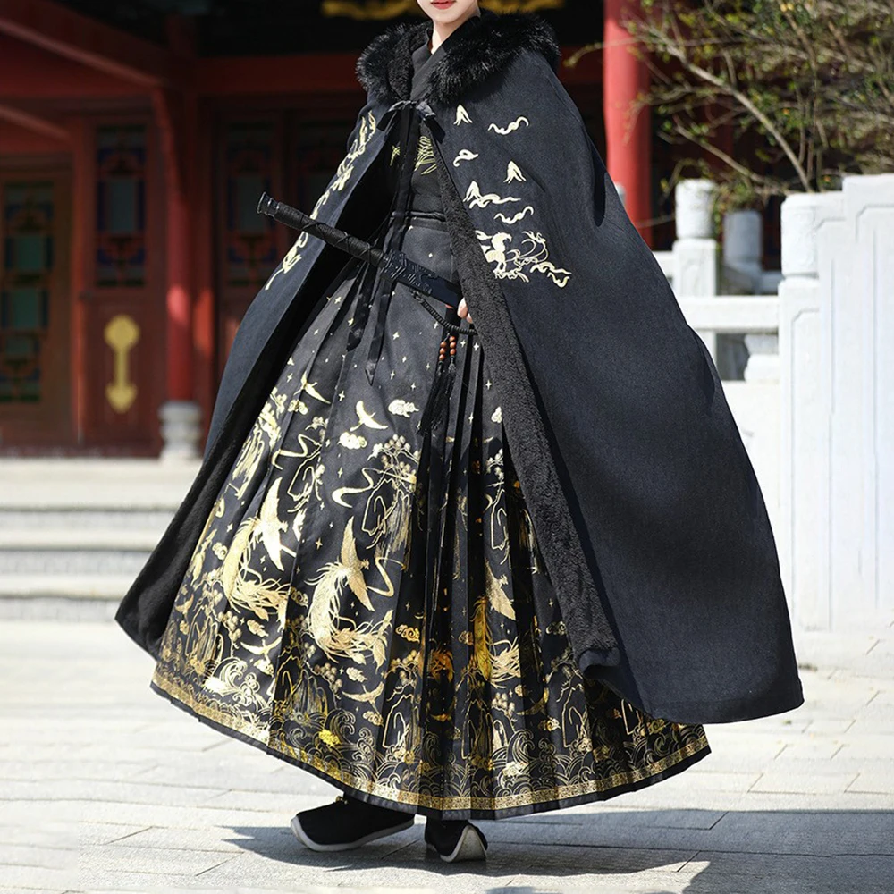 Hanfu Mens Autumn Winter Black Long Embroidered Flower Golden Fox Chinese Style Fashion Plus Velvet Thickened Cloak Hooded Cape