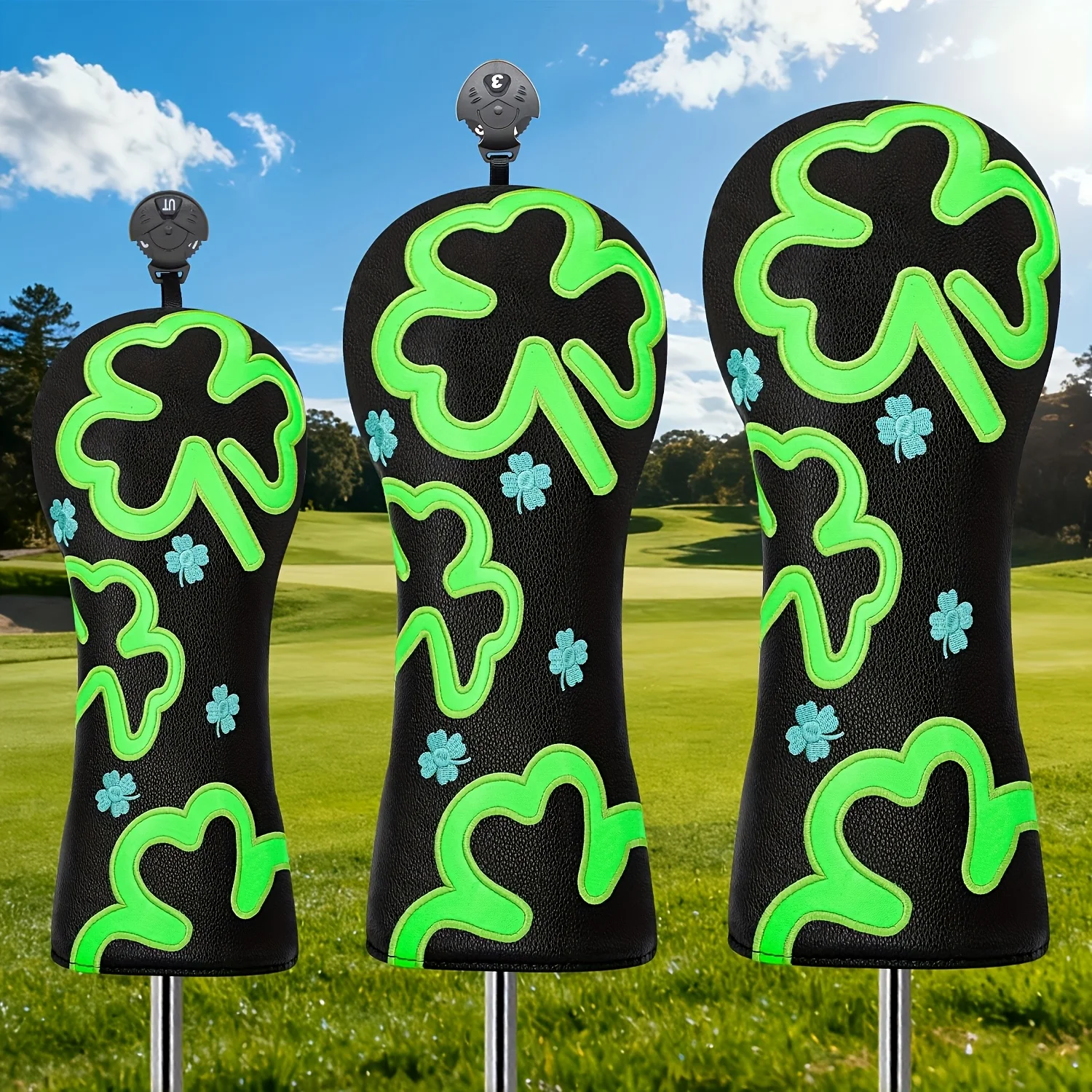 

Совместимые чехлы для гольф-клюшек Clover Fun (подходят для большинства брендов) - чехлы для драйверов, фервейных и гибридных клюшек с четырехлистным клевером.