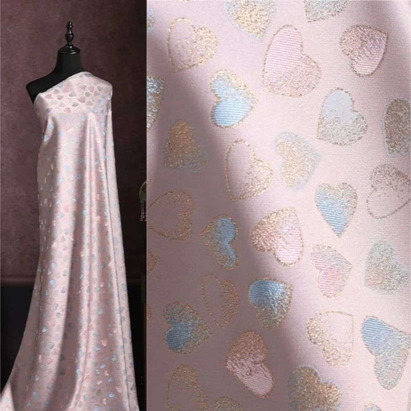Jacquard Fabric Pink Heart Pattern Luxurious Dreamy Modern Chinese Style Hanfu Gown Coat Dress Designer DIY Sewing Accessories