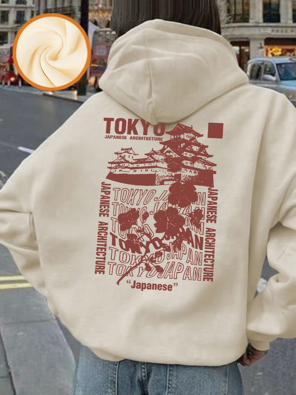 Sudaderas con capucha con estampado japonés de Sakura de Tokio para mujer, sudadera holgada básica, jersey cálido de lana para invierno, ropa informal de calle para mujer
