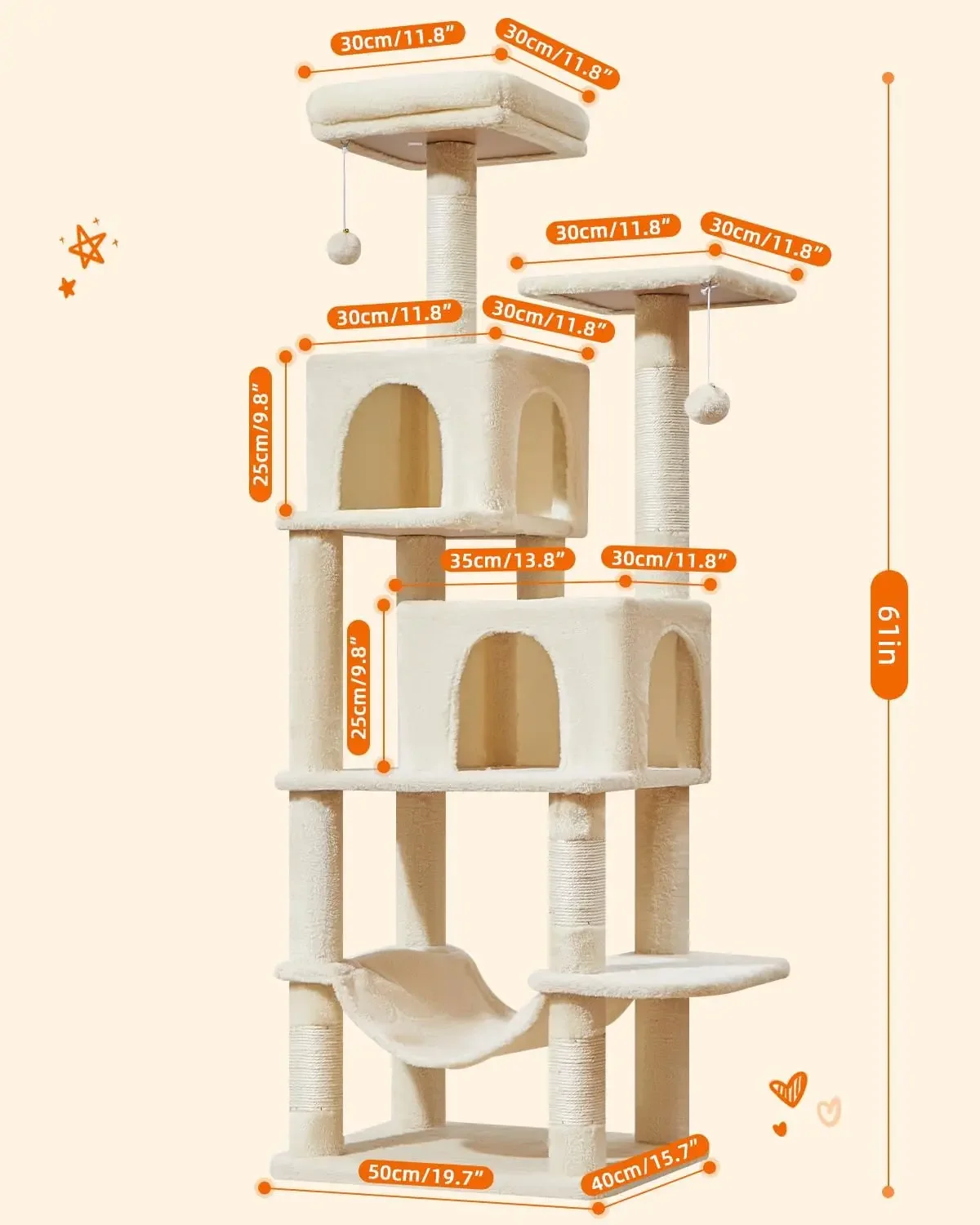 Cat Tree, 61-Inch Cat Tower For Indoor Cats, Plush Multi-Level Cat Condo With 5 Scratching Posts, 2 Perches, 2 Caves, Hammock|