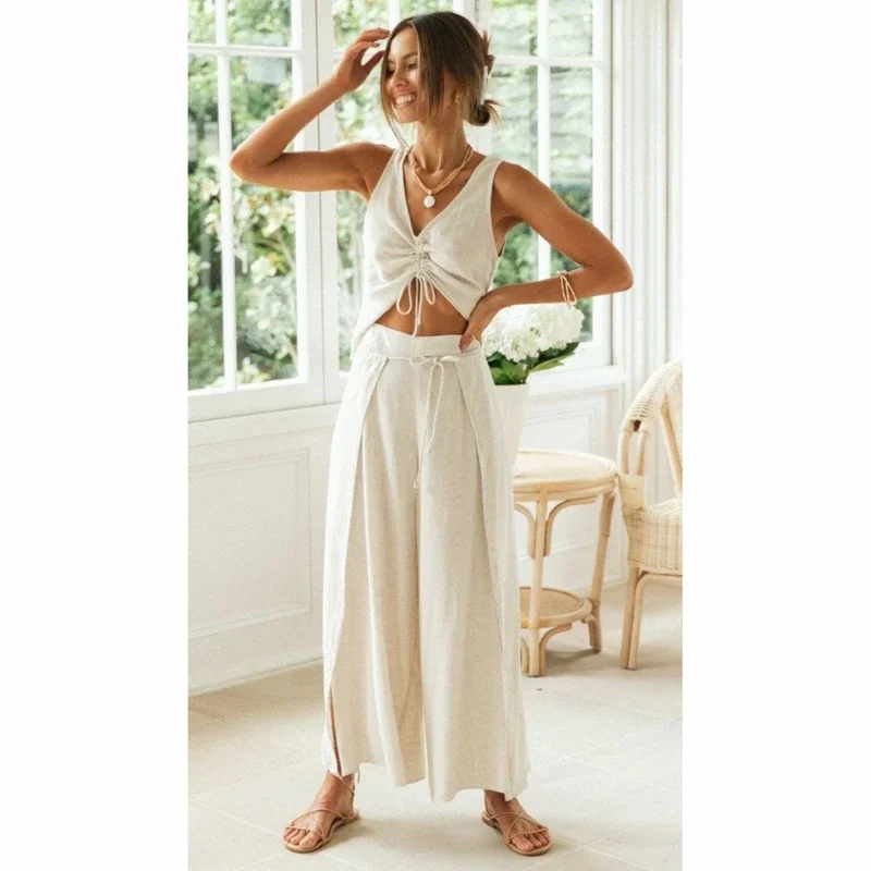 Casual Fashion Two Piece Set Women Cotton Linen Drawstring V Neck Crop Top Split Lace Up Pant Wide Leg trousers women 2023