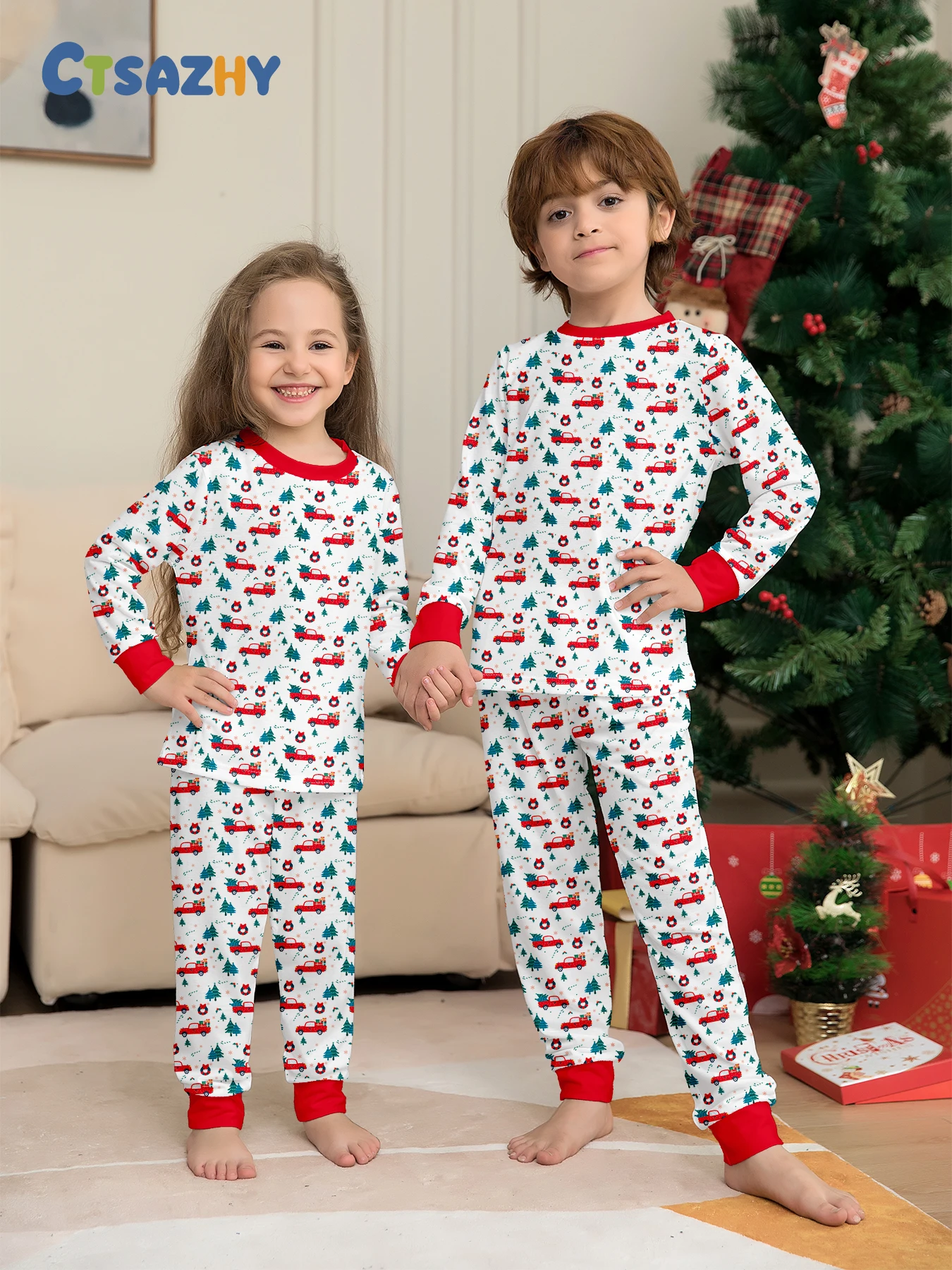 

Christmas Kids Pajamas Set Red Truck & Christmas Tree Print Red Trim Long Sleeve Sleepwear for Boys Girls