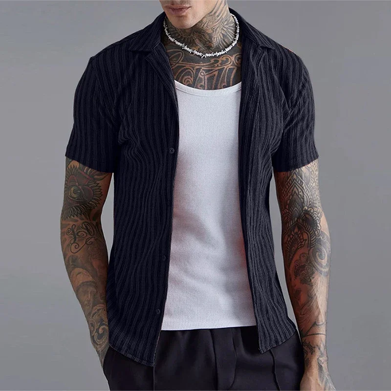 

Casual Breathable Slim Shirts Men Summer Vintage Striped Print Short Sleeve Shirt Streetwear Mens Clothes Fashion Button Shirts