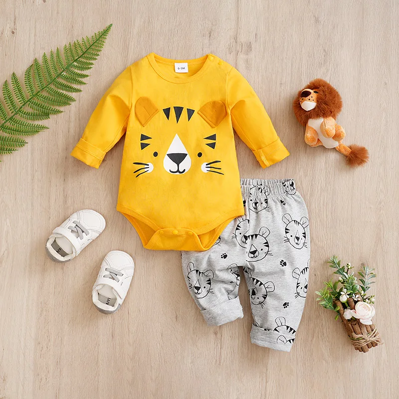 Spring And Autumn Boys And Girls Cute Cartoon Tiger Print Cotton Long Sleeve Baby Triangle Bodysuit+Two Piece Pants Set