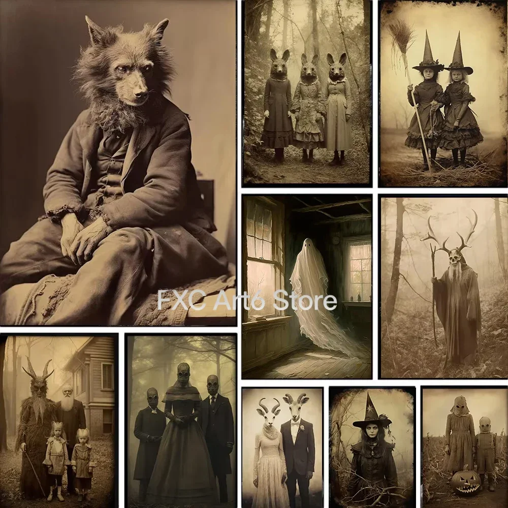 1 Stück Rahmenloses Dunkles Akademie-Kunst-Leinwandposter Halloween Gotische Geister Hexen Monster Teufel Wandkunstdrucke für Moderne Wohnzimmer