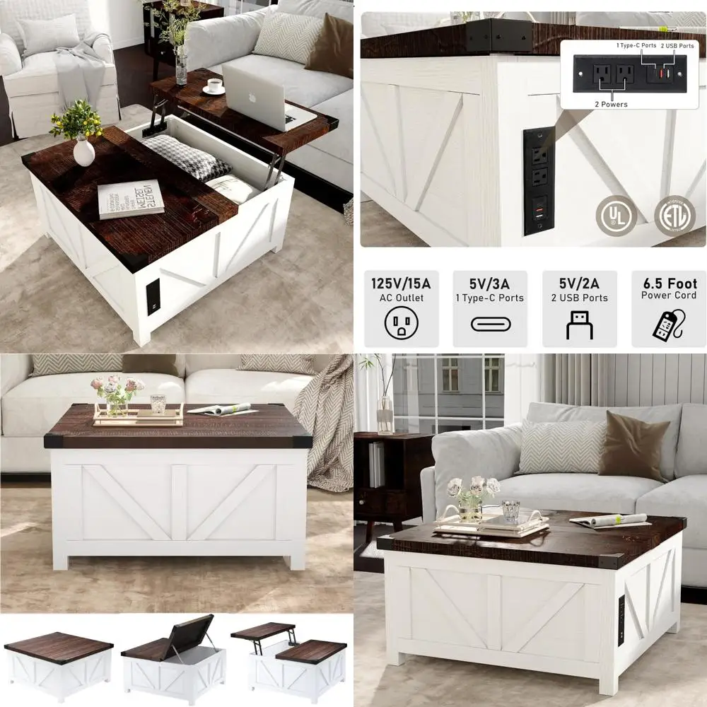 طاولة قهوة ريفية للتخزين مع سطح رفع، وطاولة غرفة معيشة مربعة خشبية تتميز بمحطة شحن ومنفذ USB