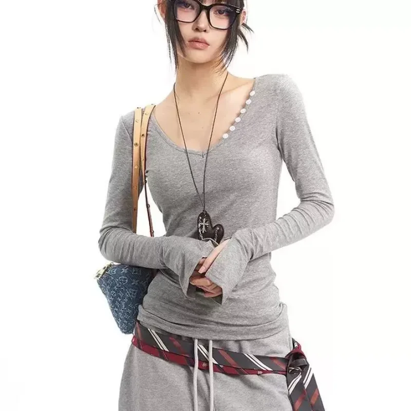 

American retro spicy girl trumpet sleeve striped V-neck long sleeved women's T-shirt summer sexy waist cinched women's top