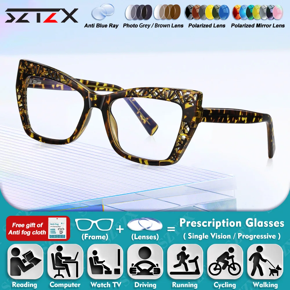 SZTZX الكلاسيكية النساء مضلع قصر النظر القراءة النظارات الطبية الجوف التدريجي تصميم الضوء الأزرق تصفية النظارات البصرية متعددة البؤر