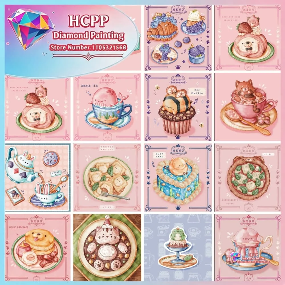 Cartoon-Tier-Dessert-Menü Diamant-Malerei-Set Quadratische Runde Diamanten 5D DIY Mosaik Handgemachte Kunst Einzigartiges Geschenk Handwerk Heimdekoration