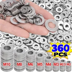 180/360PCS Stainless Steel Washer M2 M2.5 M3 M4 M5 M6 M8 M10 Flat Plain Gaskets Metal Washers Ring Screws Gasket Assortment Kits