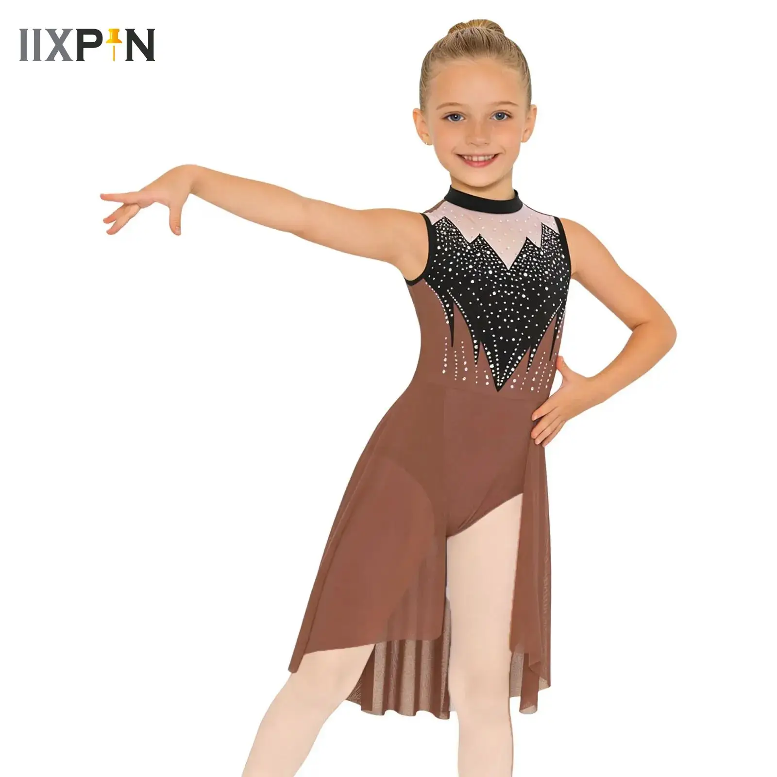

Kids Girls Sparkly Rhinestones Mesh Skirted Leotard Bodysuit Gymnastics Figure Skating Ballet Jersey Costume Lyrical Dance Dress