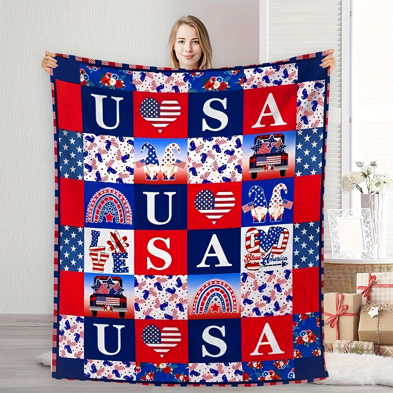 

[Мягкая текстура] Патриотическое американское фланелевое одеяло, красное, белое, синее, в стиле пэчворк из США с сердцем