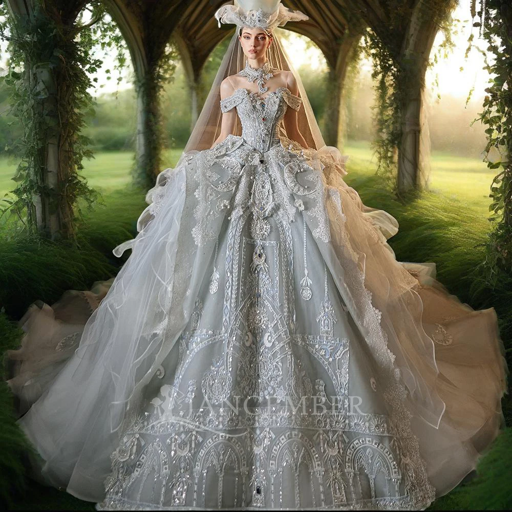

Jancember First-rate Princess Wedding Dresses For Women Bride High Neck Short Sleeves Illusion Embroidery Vestido Noiva LSMX004