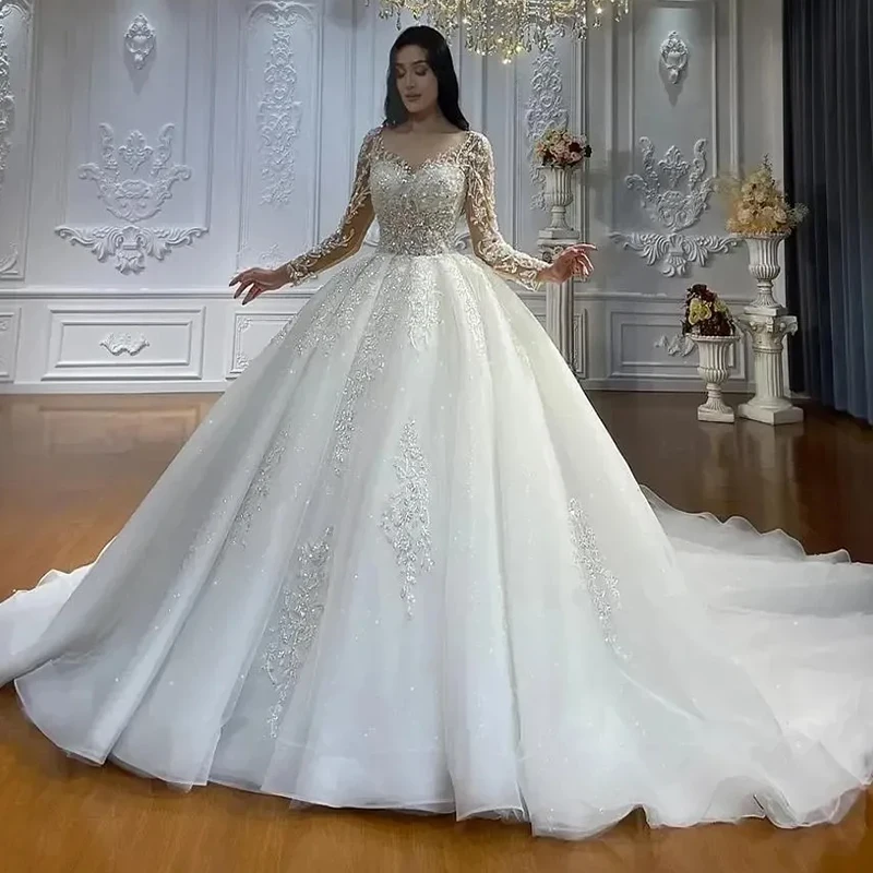 2025 vestido de novia de lujo para mujer, pegatinas de encaje acampanadas, vestidos de novia elegantes de manga larga con cuello cuadrado de