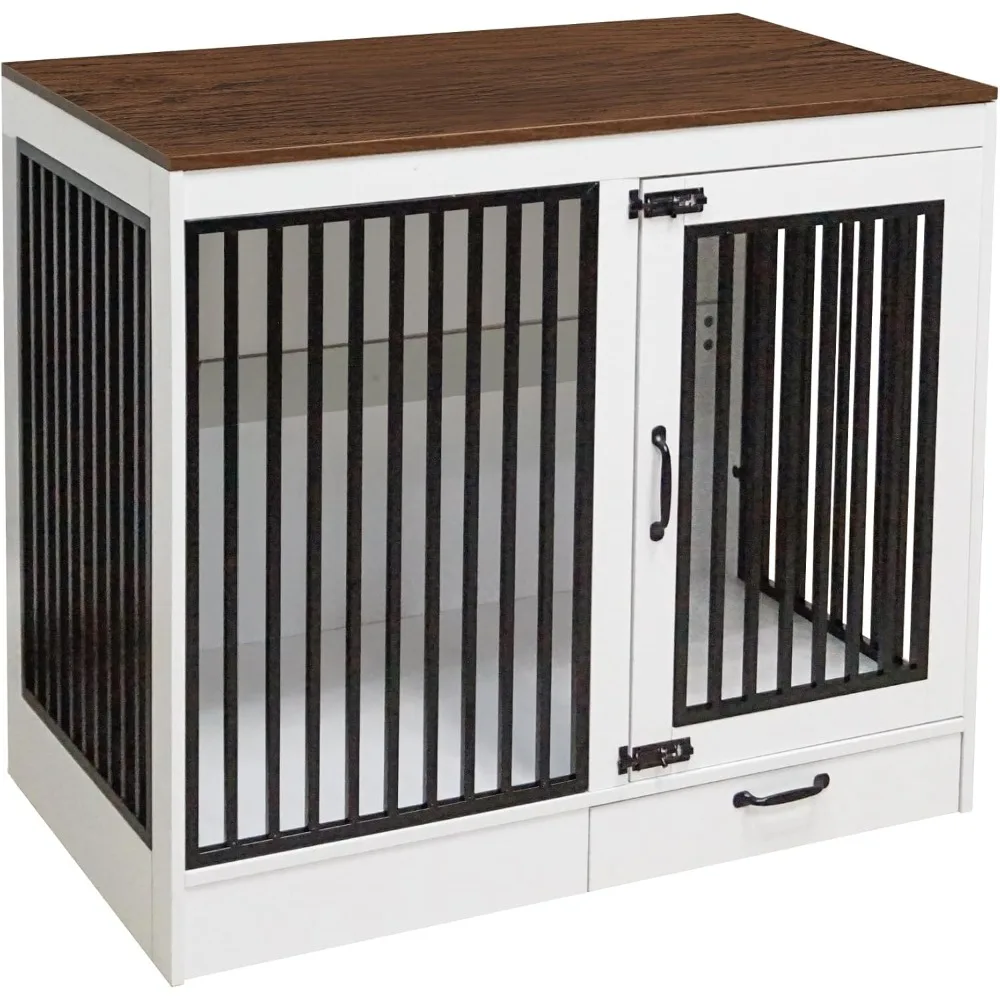 

White Heavy Duty Furniture Dog Crate, Wood and Metal Kennel Cage, Pet House End Table with Drawer and Pull-Out Design, Dog Home