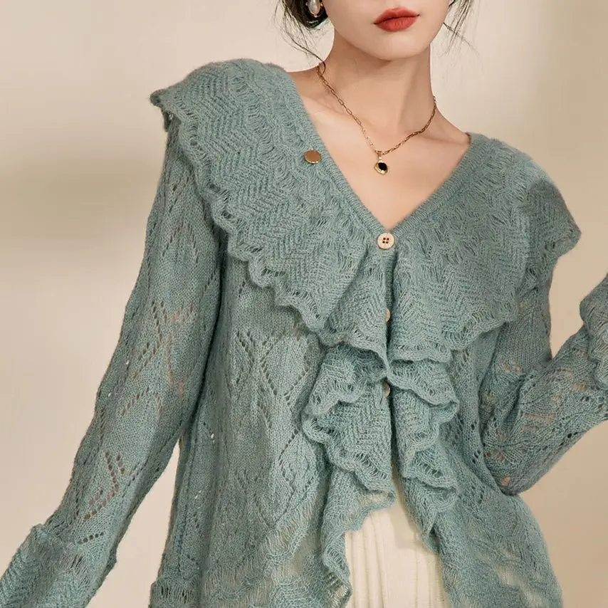 Korea sweater cardigan Women Flounce Collar Knit Blouse Long Flare Sleeve Tops Autumn Sexy Elegant Chic Shirts Female Knitwear