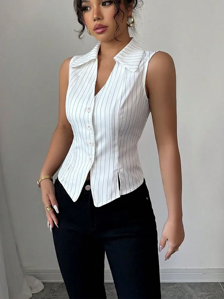 

Womens Sleeveless Striped Shirt Slim Fit Thin Outer Top Fashion Blouse Minimalist Spring