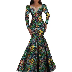 Fashion Robe Dresses Ankara Print African Dresses for Women Long Sleeve Elegant Dashiki Wedding Pleated Skirt Dresses WY1058