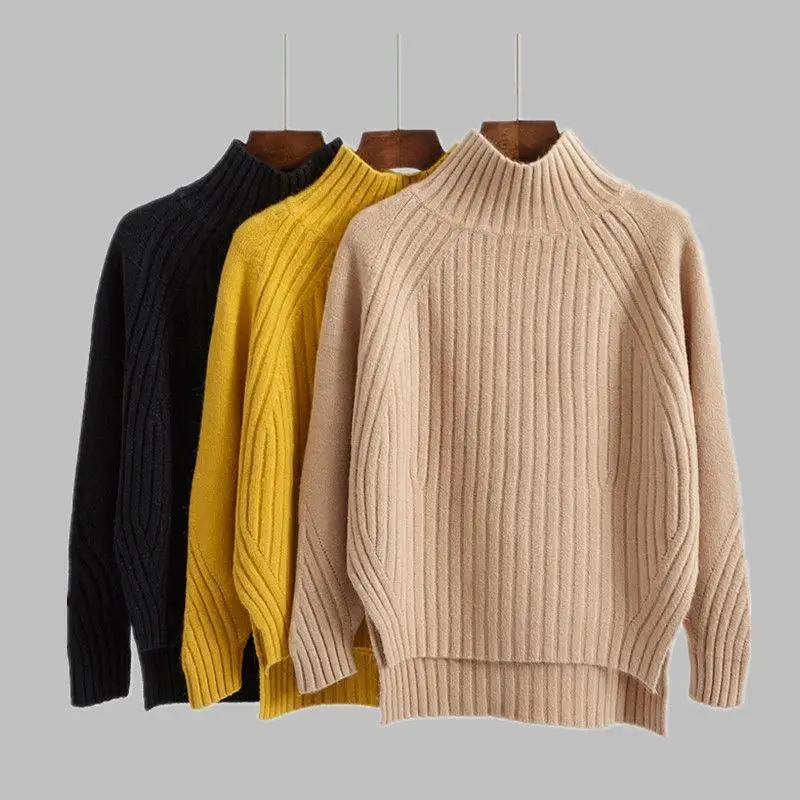 

High Collar Loose Knitted Long Sve Women's Sweater Autumn Winter Faion Trendy Bla Crew Ne Pullover Thi Base irt