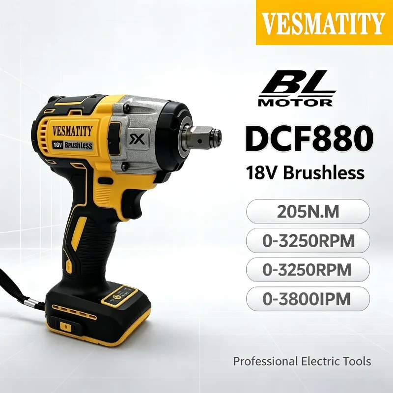 Vesmatity DCF880 3250RPM 3800IPM 205N.m Brushless Cordless Impact Driver Multifunctional Electric Drill for Battery Pro Max Unit