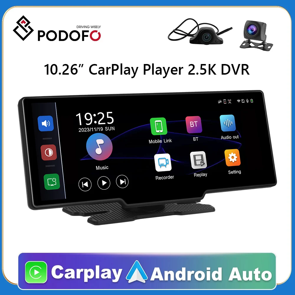 

Podofo 10.26" HD CarPlay Player GPS Stereo Receiver 2.5K ADAS DVR Camera DashBoard Car Radio Multimedia Player Rear View Monitor