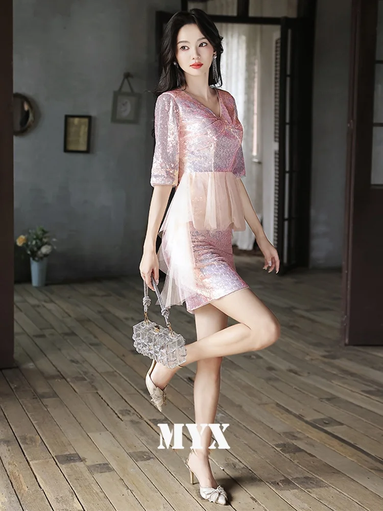 

Вечернее платье Fi Tail для женщин: роскошное, с блестящими пайетками, корейский дизайн, средняя талия, облегающий крой, V-образный вырез