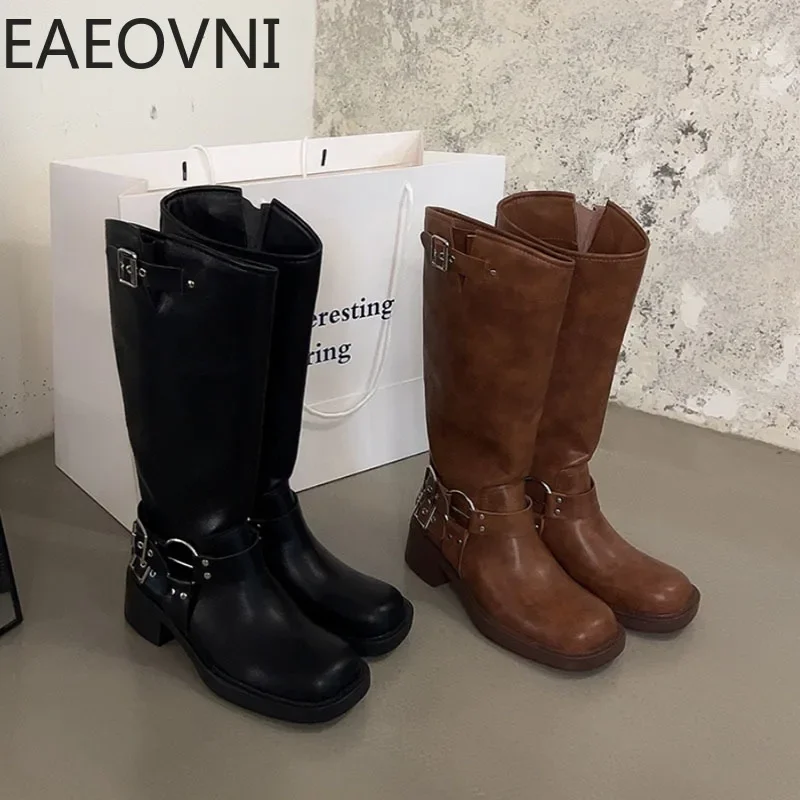 Bottes de chevalier à enfiler au genou pour femmes, bottines de motard pour dames, talon bas, mode, automne, hiver, nouveau, 2023