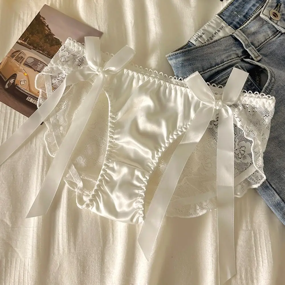 

Breathable Solid Color Lace Bow Underwear Ribbon Hollow Out Low-Waist Panties Seamless Cotton Crotch Women Briefs Daily