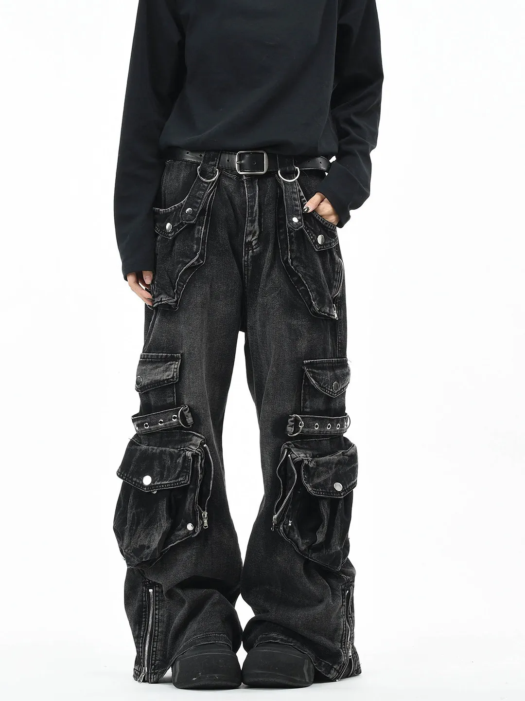 Calças Jeans de Trabalho Estilo Americano, Resistentes, Lavadas, com Múltiplos Bolsos, Corte Solto e Perna Larga, Estilo Punk...