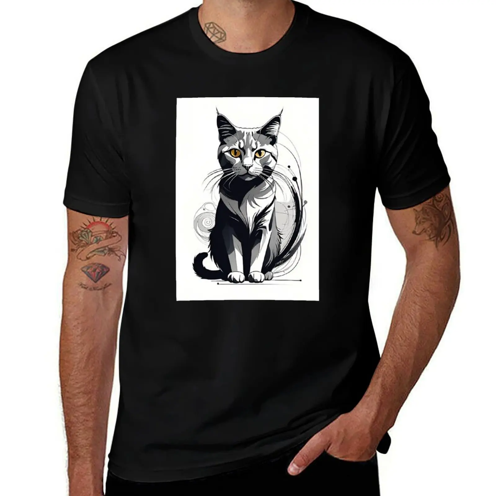 Yellow Eyes Cat T-Shirt Big Size Short Sleeve Tee for Men