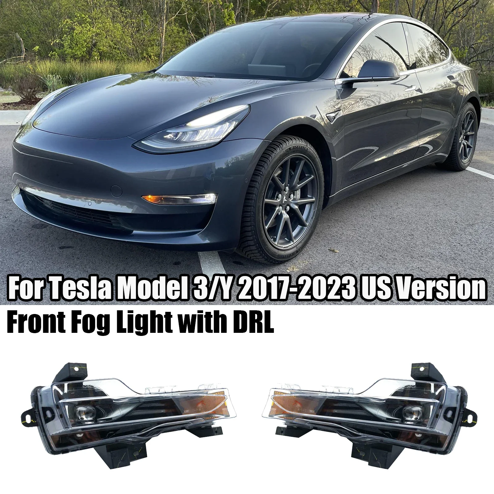 

For 2017-2023 Tesla Model 3/Y Car Front Fog Light Driving Lamp LED DRL Amber UP-LEVEL US Version Left&Right