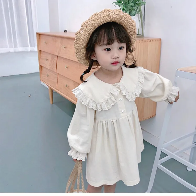 Girls lace collar solid color dress Spring and autumn Korean version of children long-sleeved princess skirt