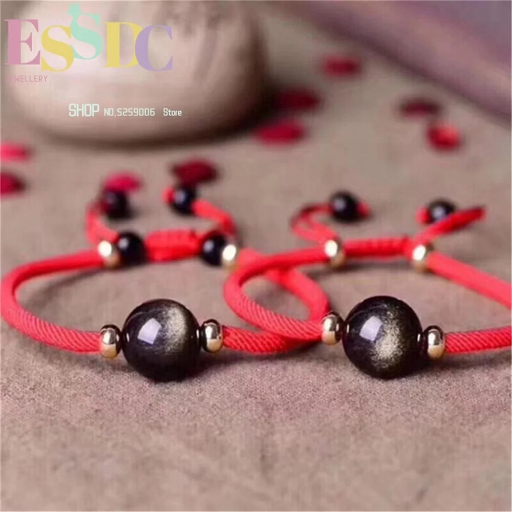 Fashion  Knitted Lucky Red Rope  Natural Round Gold Obsidian Charm Bracelet for Men and Women Hand String Birthday