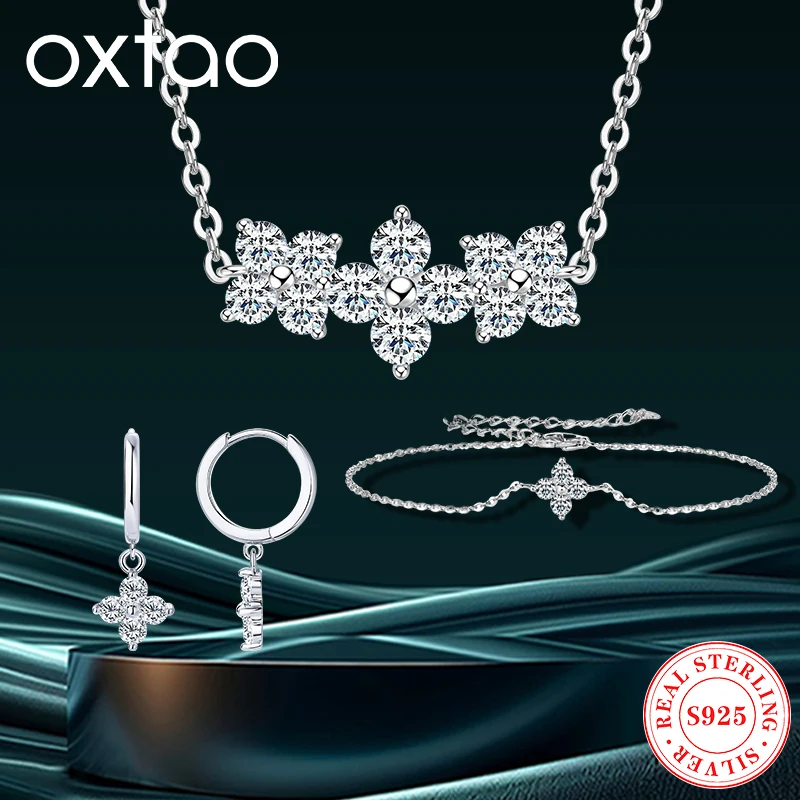 

Комплект ювелирных изделий OXTAO, все муассанитовые браслеты, ожерелье, серьги-гвоздики, настоящее серебро 925, серьги-подвески с четырьмя листами клевера, роскошный подарок