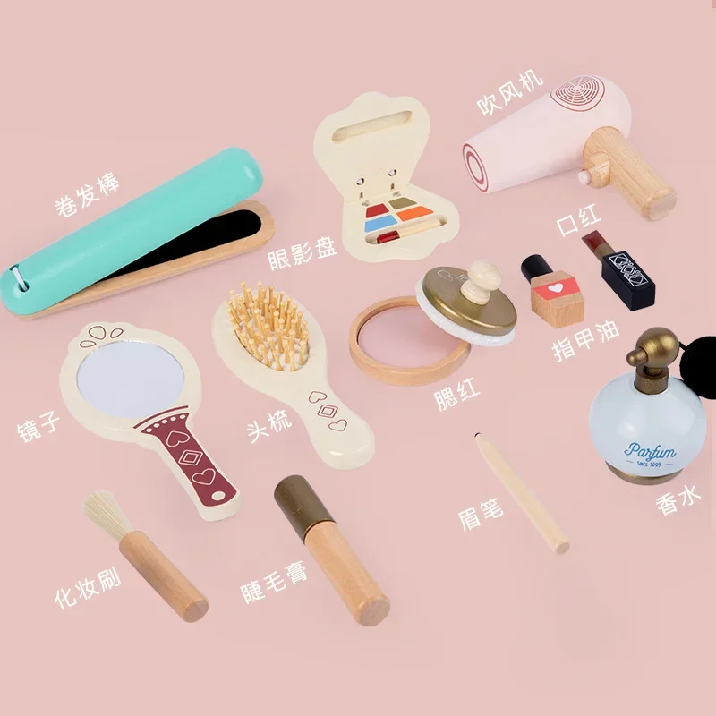 12 قطعة/المجموعة خشبية الاطفال طقم ماكياج دور اللعب فرشاة تسريح الشعر مرآة ماسكارا الهدايا لعبة ماكياج مجموعة مع حقيبة مستحضرات التجميل الفتيات خلع الملابس