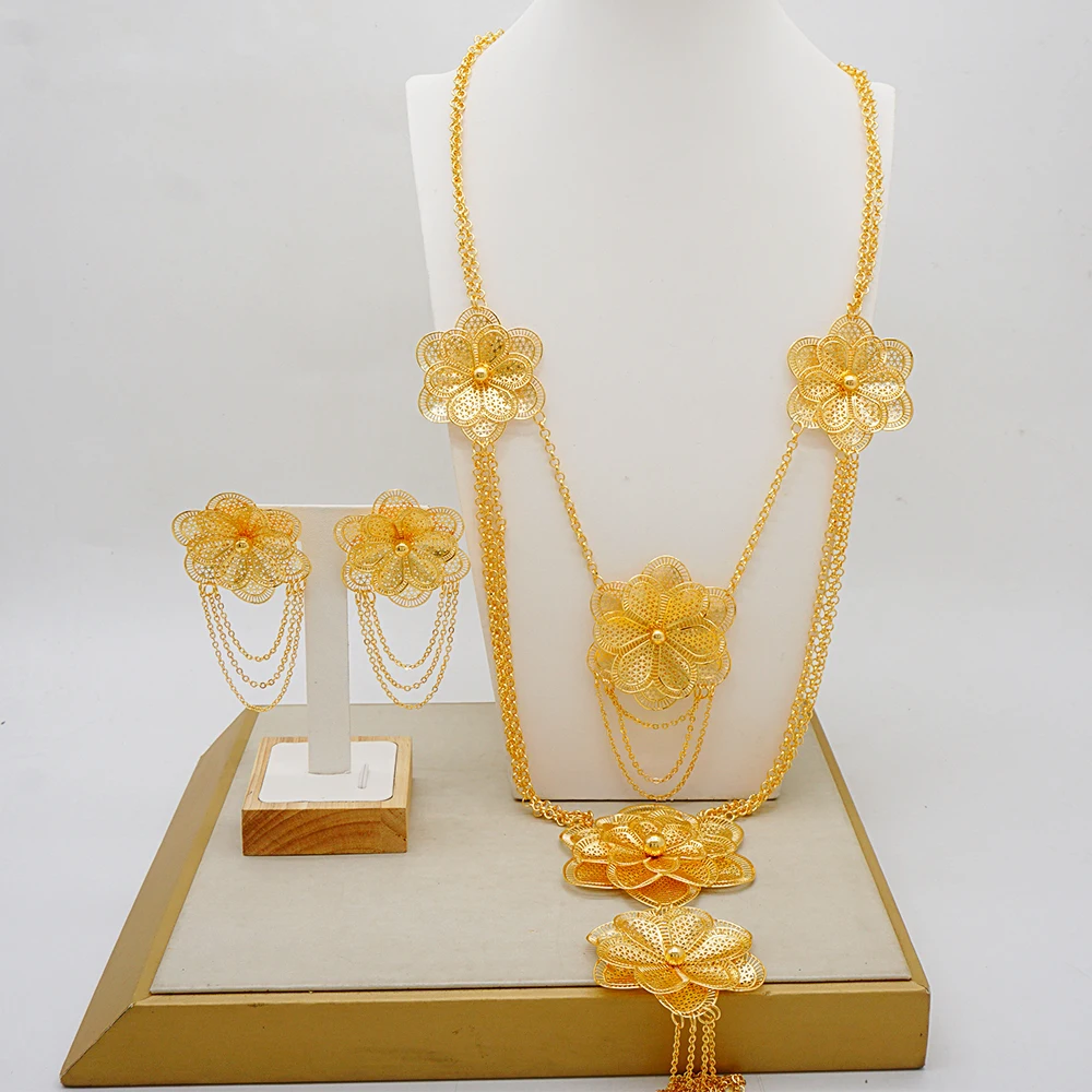 

Ethiopian Arab Gold Color Jewelry Set for Young Women Wedding Banquet Party Wedding Gifts Flower Necklace and Earring Set