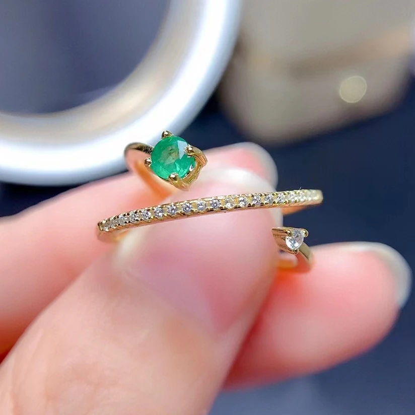 Design Style Emerald Silver Ring for Office Woman 0.1ct 3mm Natural Emerald Ring 3 Layers Gold Plating Silver Jewelry