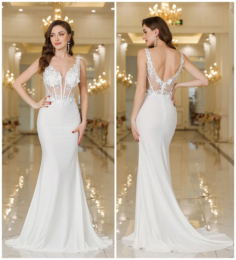 White Meimaid Dress Evening Dresses  2024 Elegant Appliques Illusion Backless Embroidery Prom Gowns Formal Party Robe De Soiree