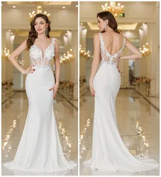 White Meimaid Dress Evening Dresses  2024 Elegant Appliques Illusion Backless Embroidery Prom Gowns Formal Party Robe De Soiree