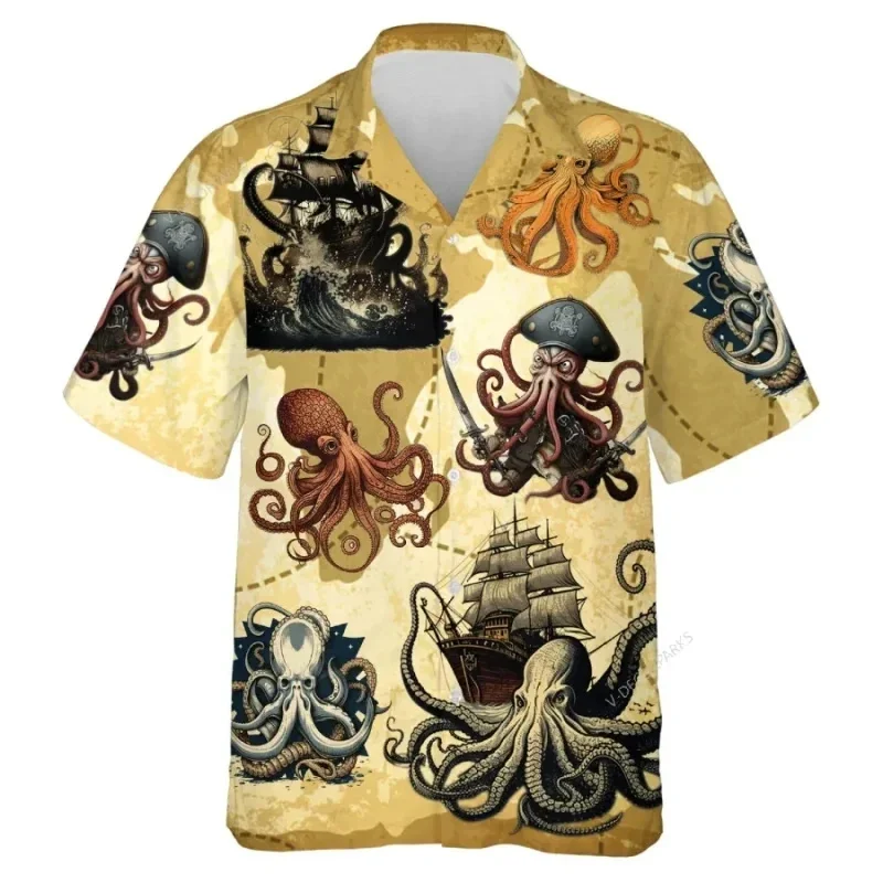 Men's Summer Hawaii Short Sleeve Oversized Shirt 3D Printed Octopus Pattern Casual Top Loose And Fashionable Shirts Ropa Hombre