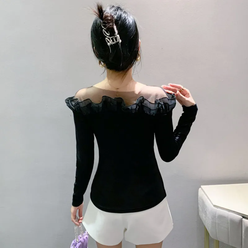 High Quality New Autumn Fashion Women Clothes T-Shirt Sexy Slash Neck Ruffled Beading Tees Long Sleeve Slim Female Cotton Tops