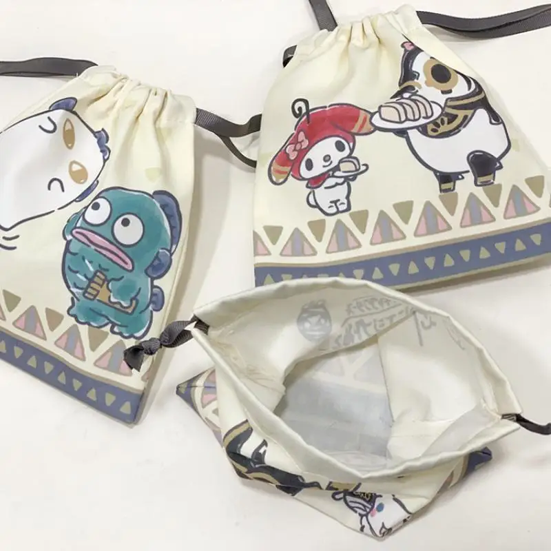 Kawaii Sanrio Canvas Storage Bag Hello Kitty Cinnamoroll Kuromi Cartoon Drawstring Pocket Girl Gift Bag Happy Candy Lucky Bag