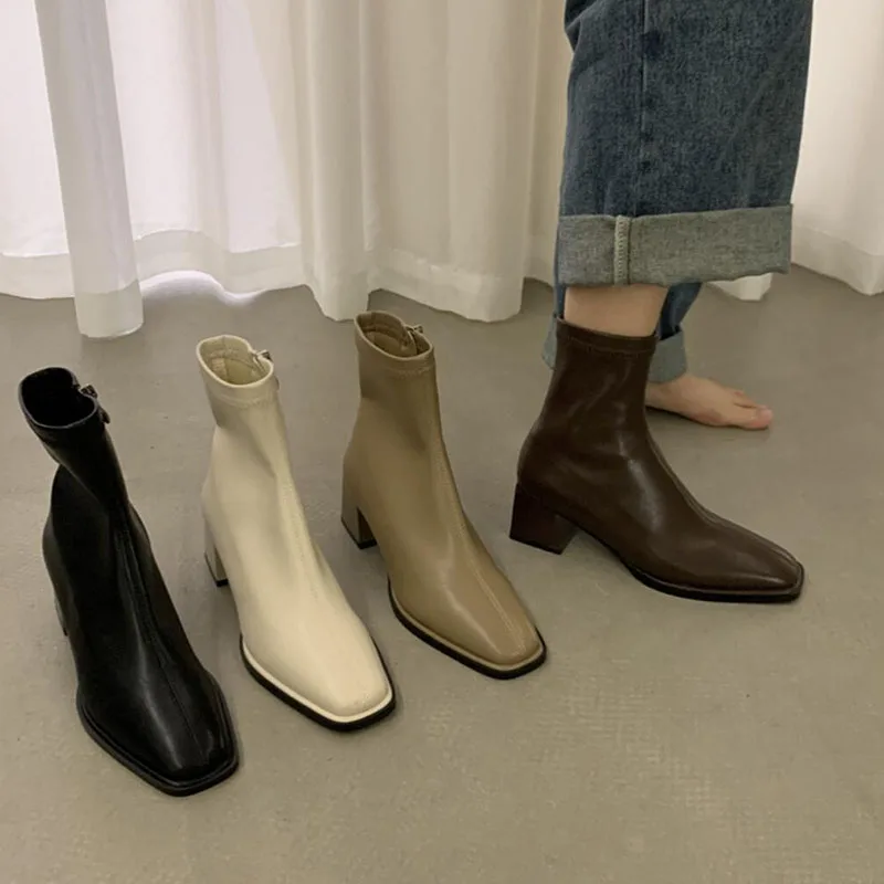 2023 Women Autumn Design Ankle Boots Ladies Fashion Square Toe Zipper Casual Chelsea Boots Soft Leather Short Boats Mujer New