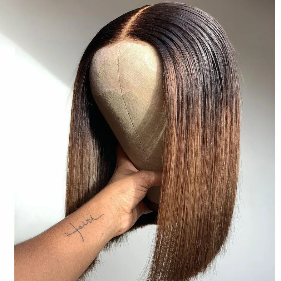 Perruque Bob Lace Front Wig sans colle pour femmes noires, perruque courte, douce, longue, brune ombrée, droite, profonde, cheveux de bébé, délié naturel, densité 180