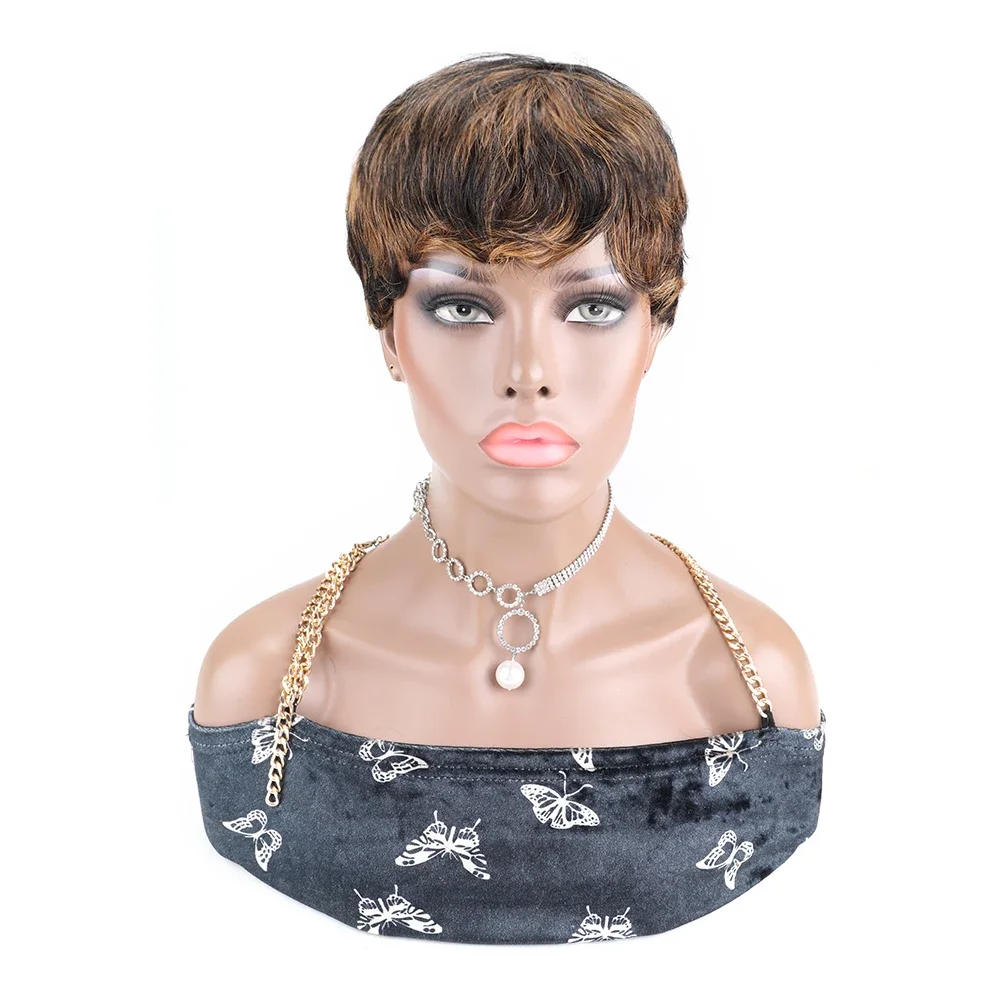 

Short Pixie Cut Straight Hair Wig Brown Cheap Remy Human Hair Wigs for Black Women Glueless Machine Made Wigs with Bangs