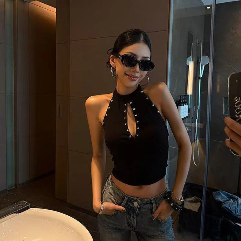 Y2K Black Tank Top Women Streetwear Sexy Halter Diamond Crop Tops Fashion Backless Camis Summer Grunge Sleeveless Clothes New